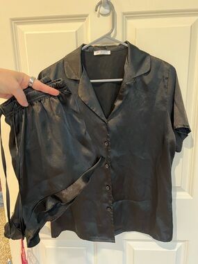 Eloquii Black Satin Button-Up Short Sleeve Set